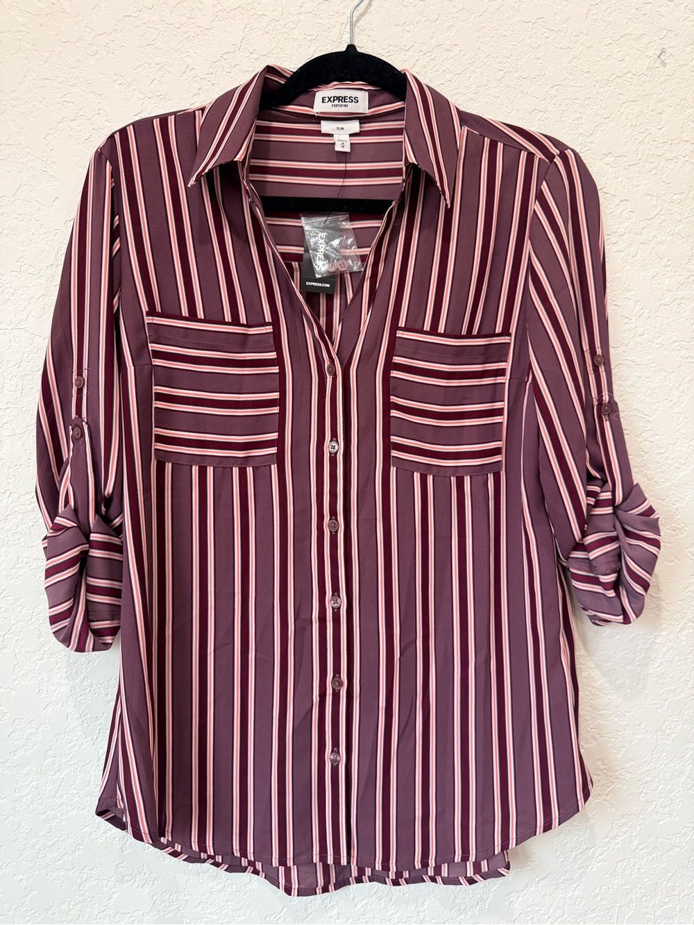 Express Striped Button-Down Shirt in Burgundy and Pink